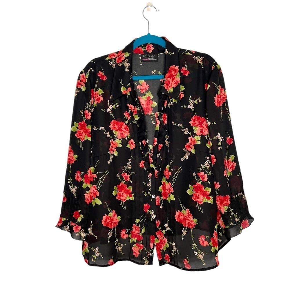 Vintage M.H.M by Melissa Harper Red Floral Button Front Blouse